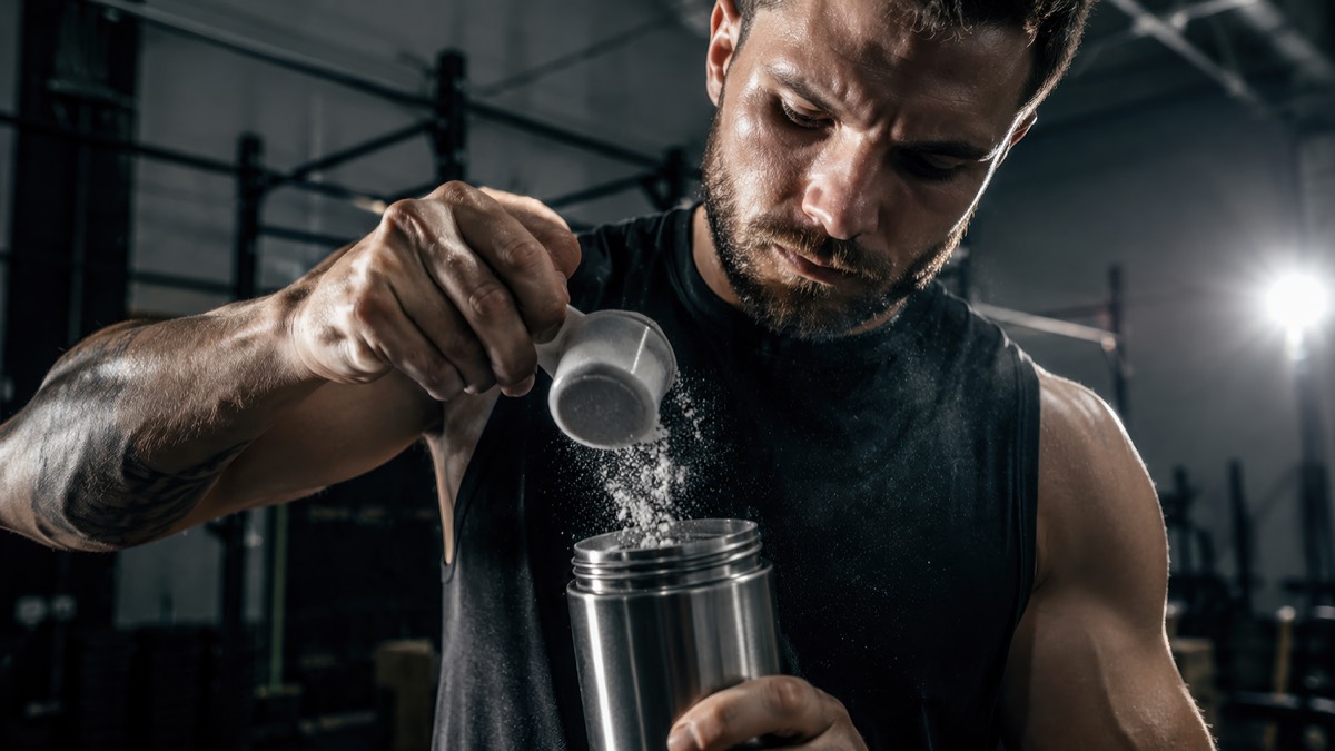 A man in a gym scooping protein powder into a shaker bottle