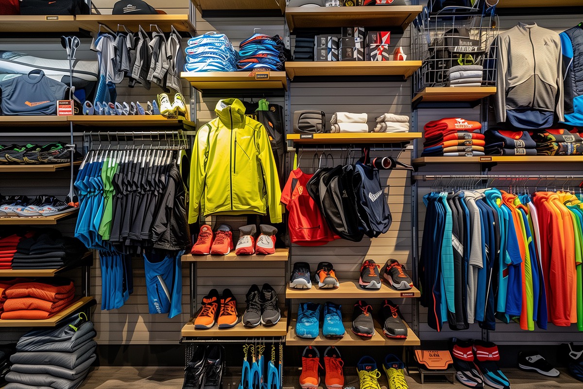 Shelves of sportswear, trainers and cycling kit in a retail store